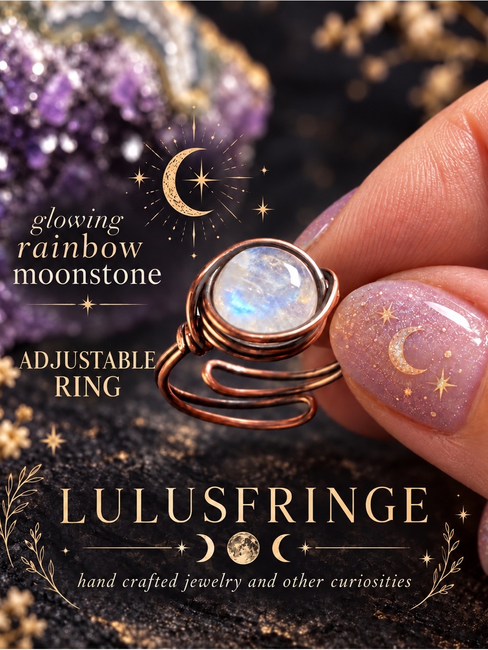 Artisan Copper Ring with Iridescent Rainbow Moonstone